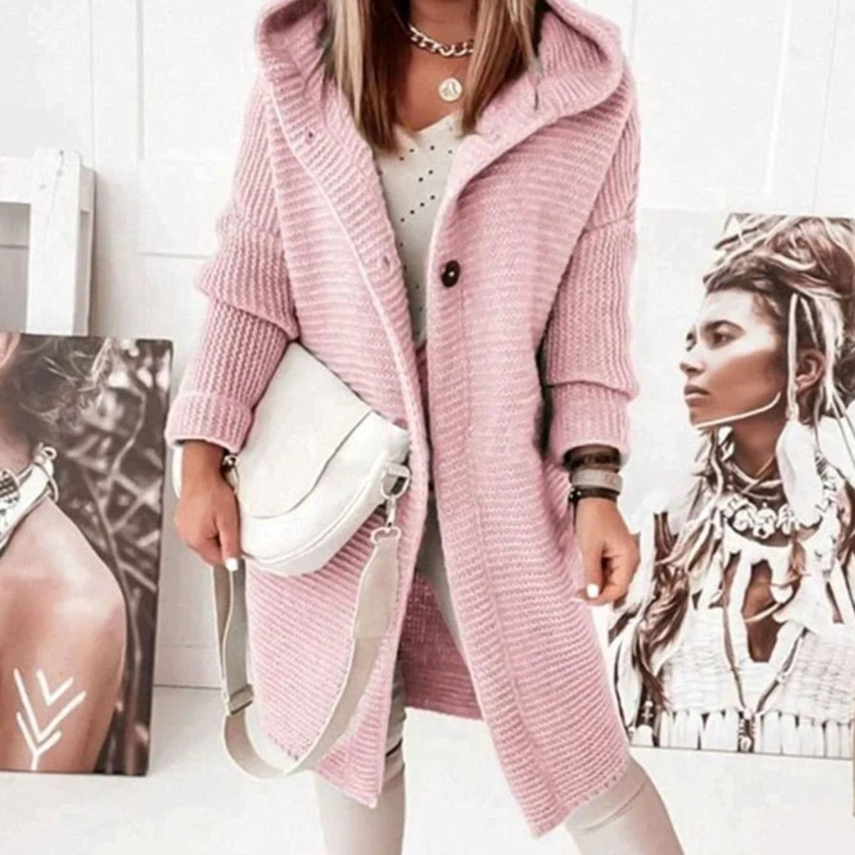 Women's Toggle Closure Mid-Thigh Hooded Knit Cardigan