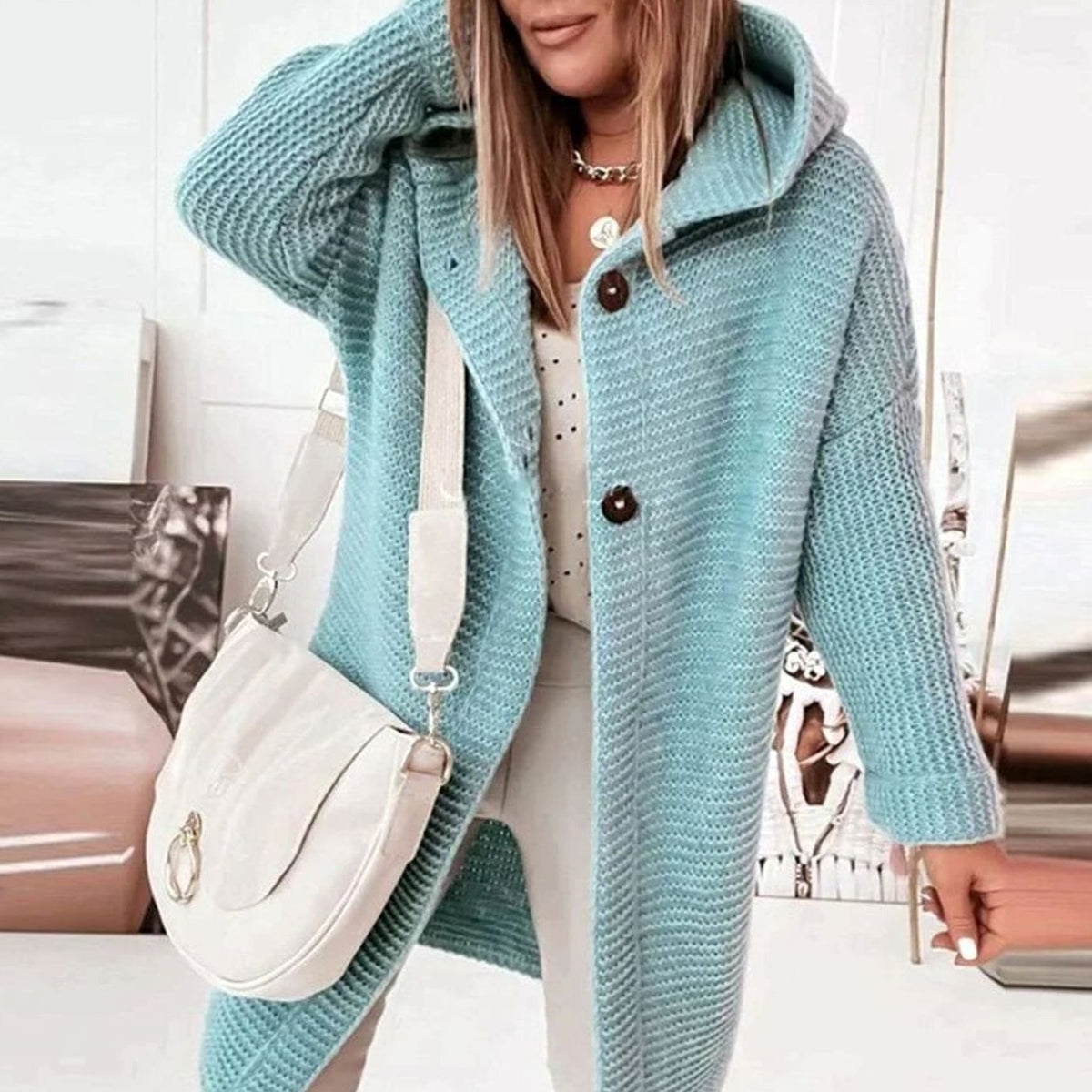 Women's Toggle Closure Mid-Thigh Hooded Knit Cardigan