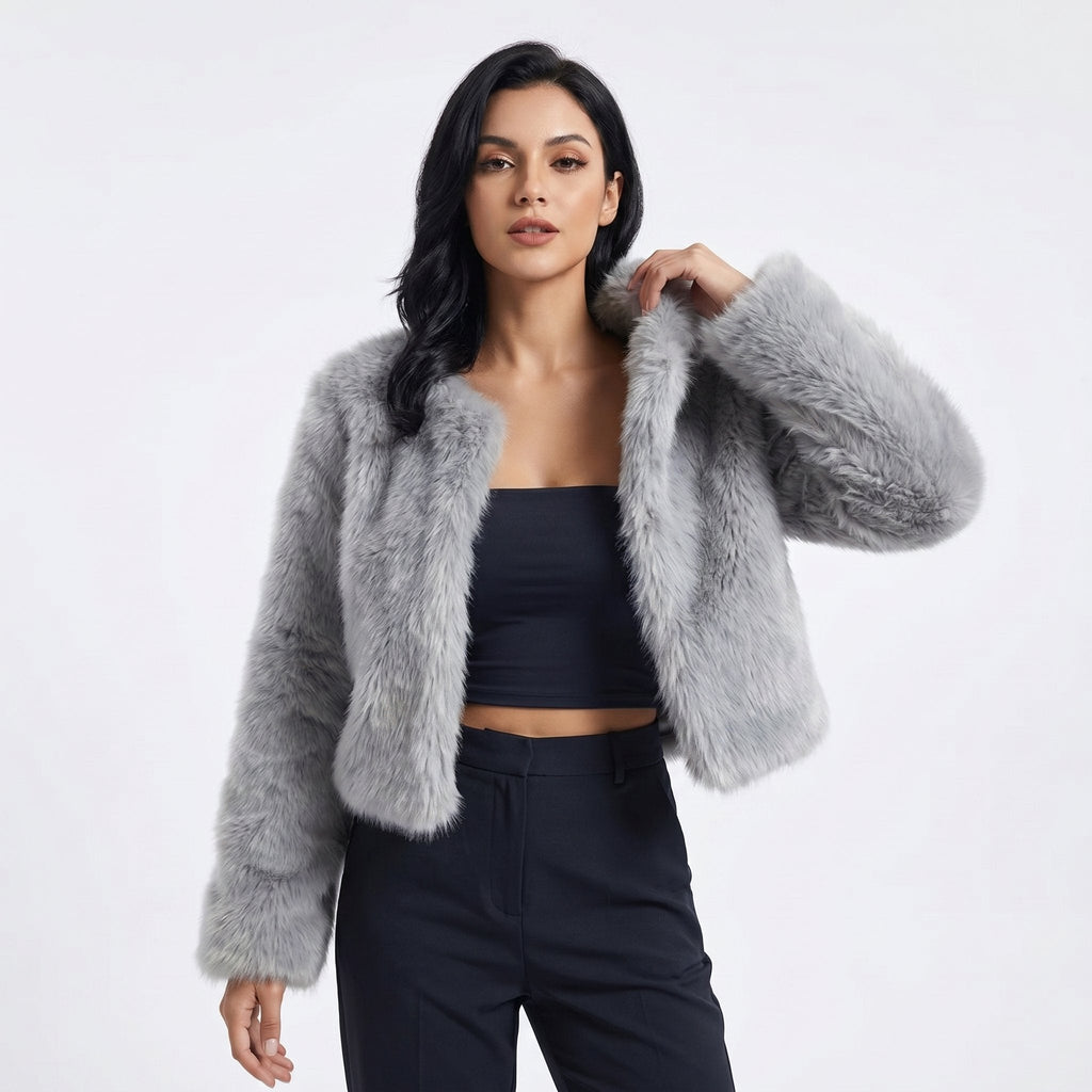 Women's Soft Faux Fur Cropped Cardigan-Style Jacket