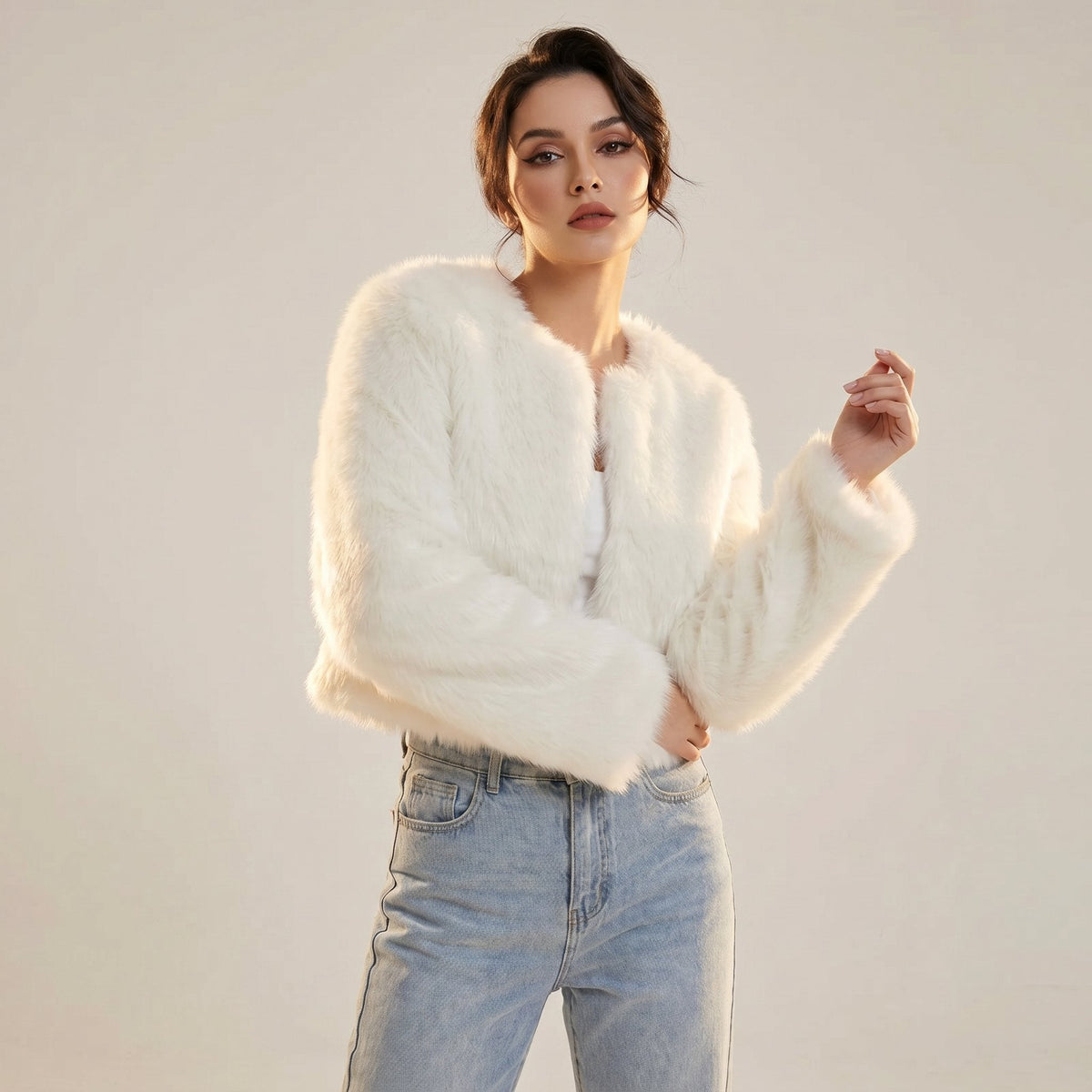 Women's Soft Faux Fur Cropped Cardigan-Style Jacket