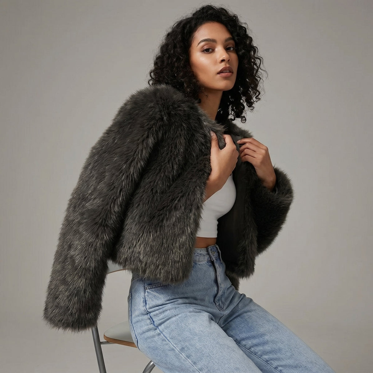 Women's Soft Faux Fur Cropped Cardigan-Style Jacket