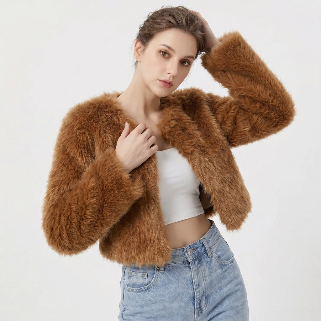 Women's Soft Faux Fur Cropped Cardigan-Style Jacket