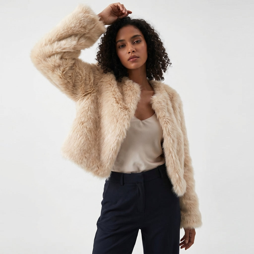 Women's Soft Faux Fur Cropped Cardigan-Style Jacket