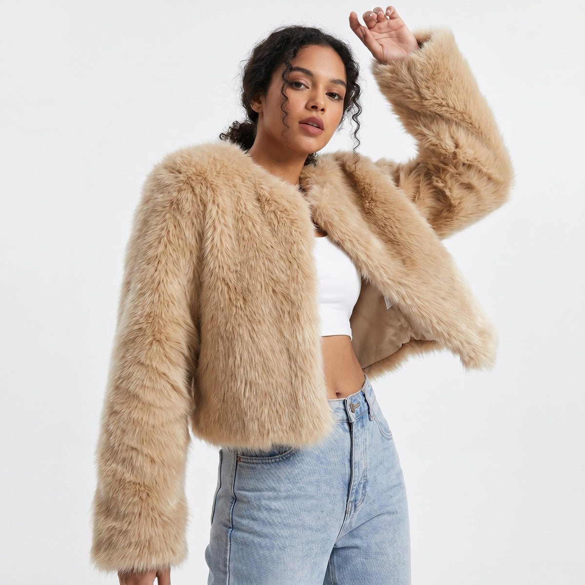 Women's Soft Faux Fur Cropped Cardigan-Style Jacket