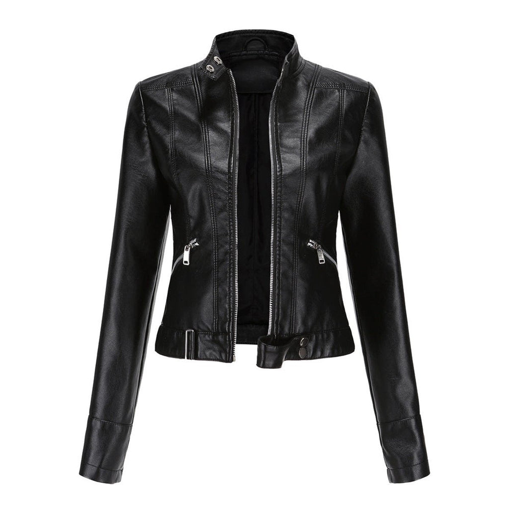 Women's Tailored Cropped Faux Leather Jacket with High Collar