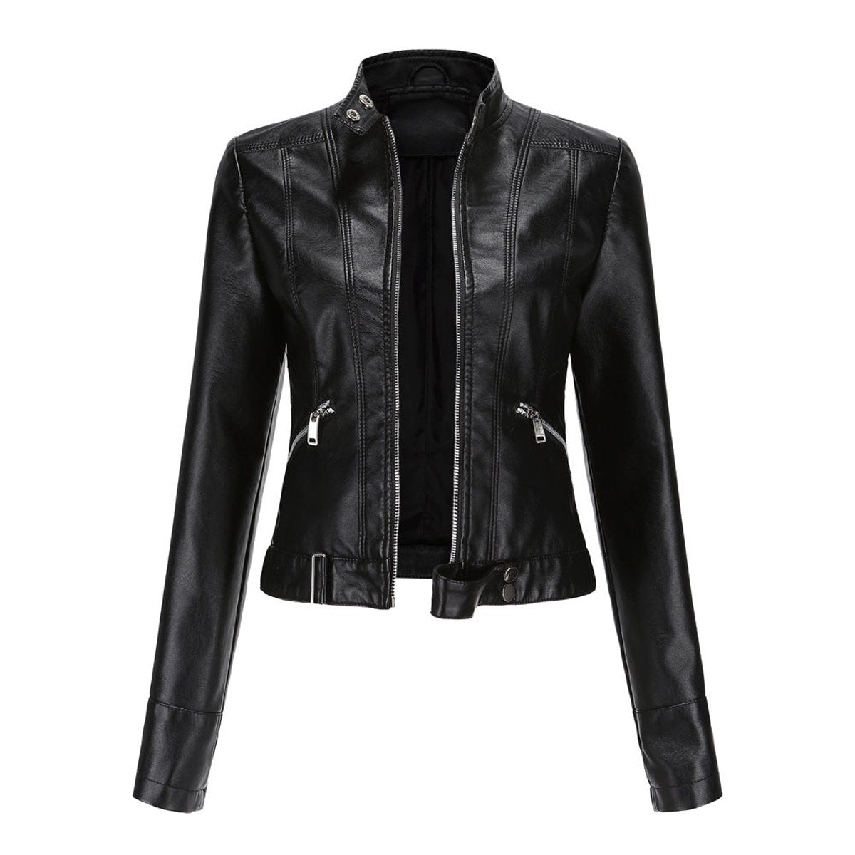 Women's Tailored Cropped Faux Leather Jacket with High Collar