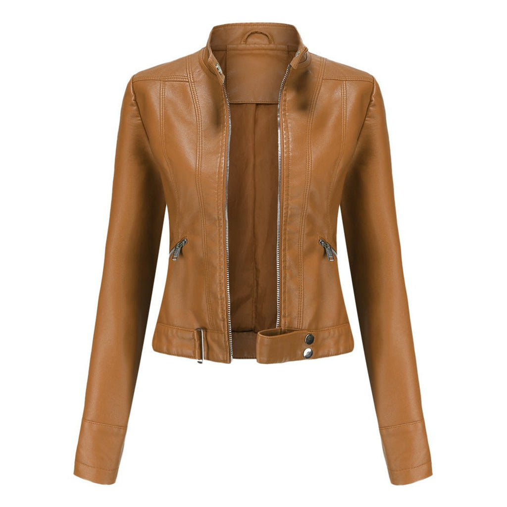 Women's Tailored Cropped Faux Leather Jacket with High Collar