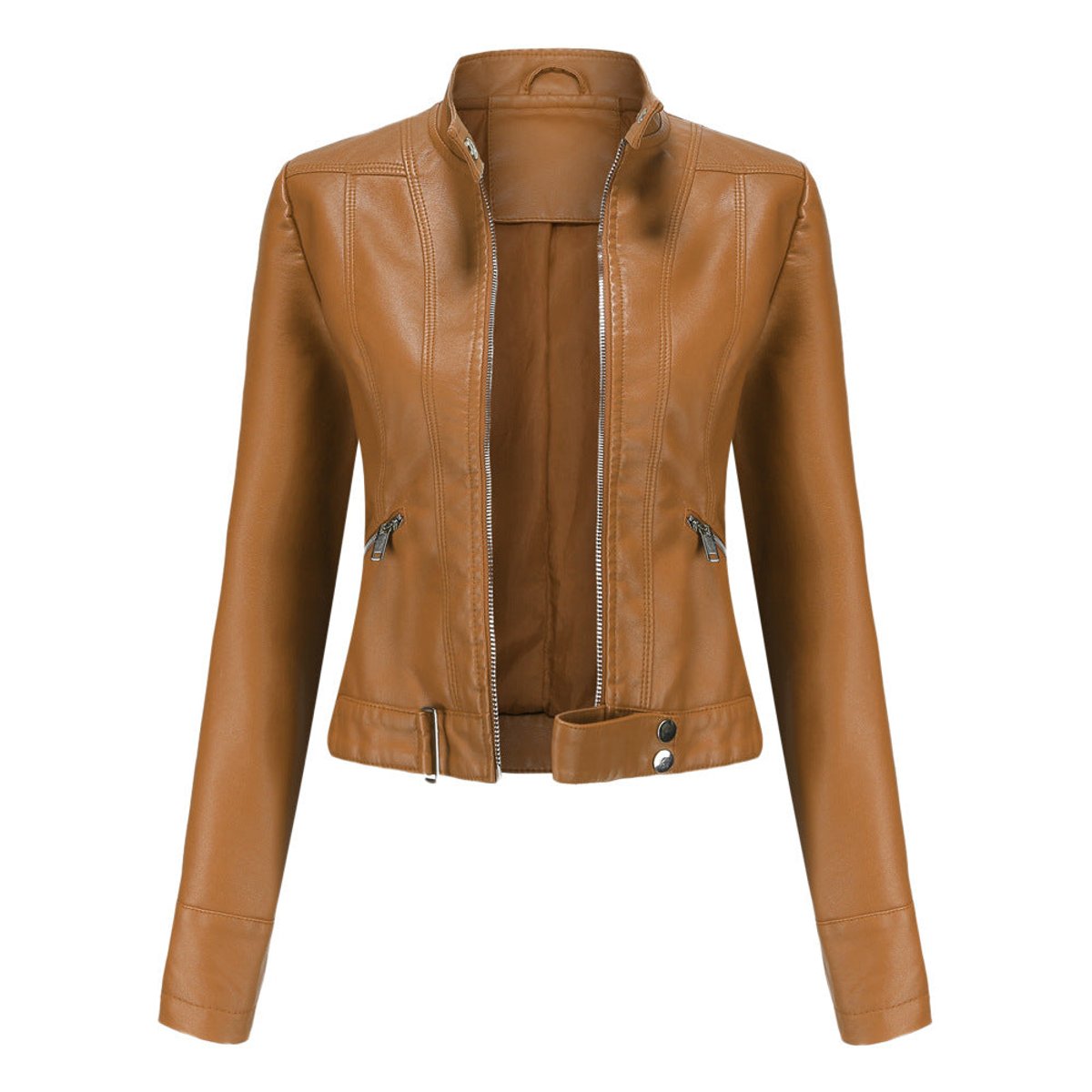 Women's Tailored Cropped Faux Leather Jacket with High Collar