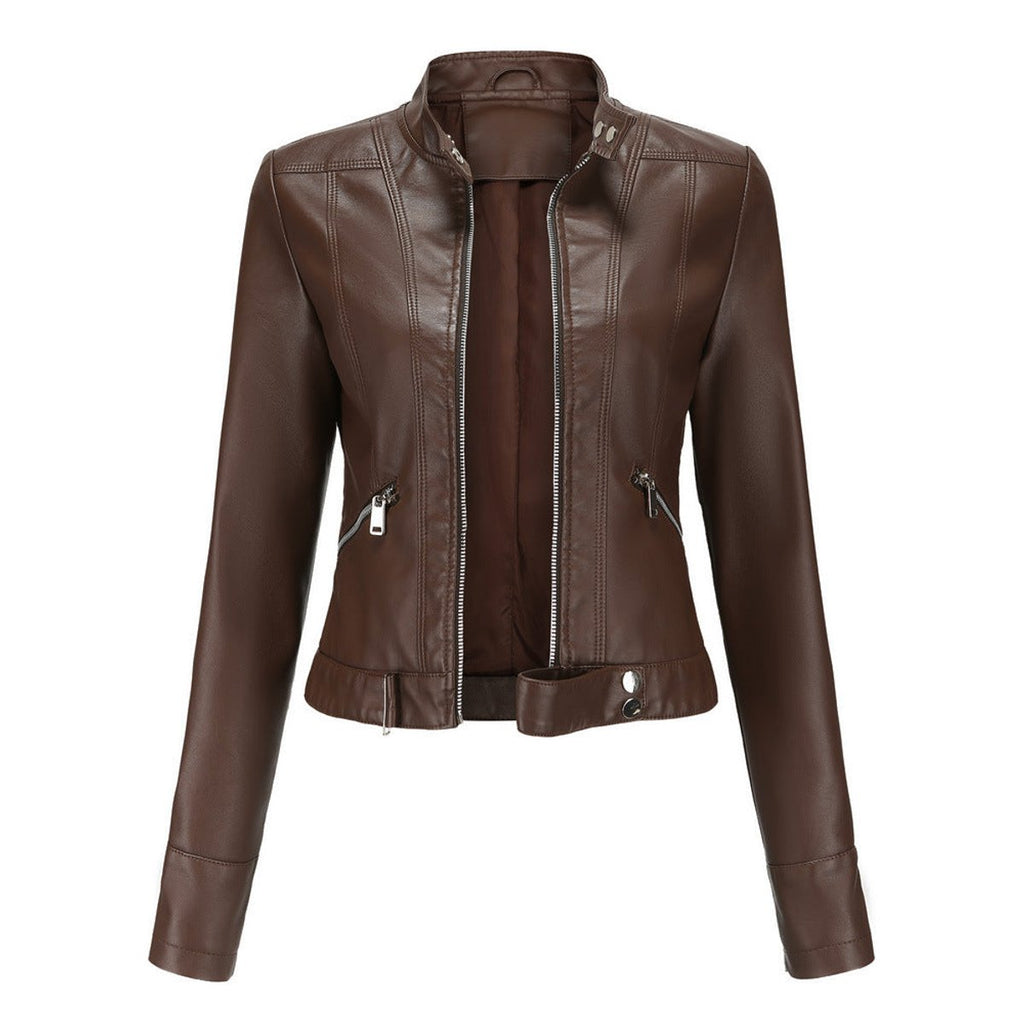 Women's Tailored Cropped Faux Leather Jacket with High Collar