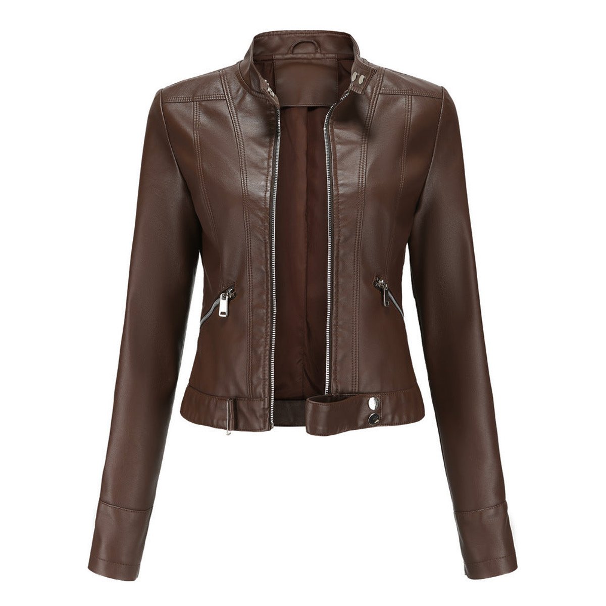 Women's Tailored Cropped Faux Leather Jacket with High Collar