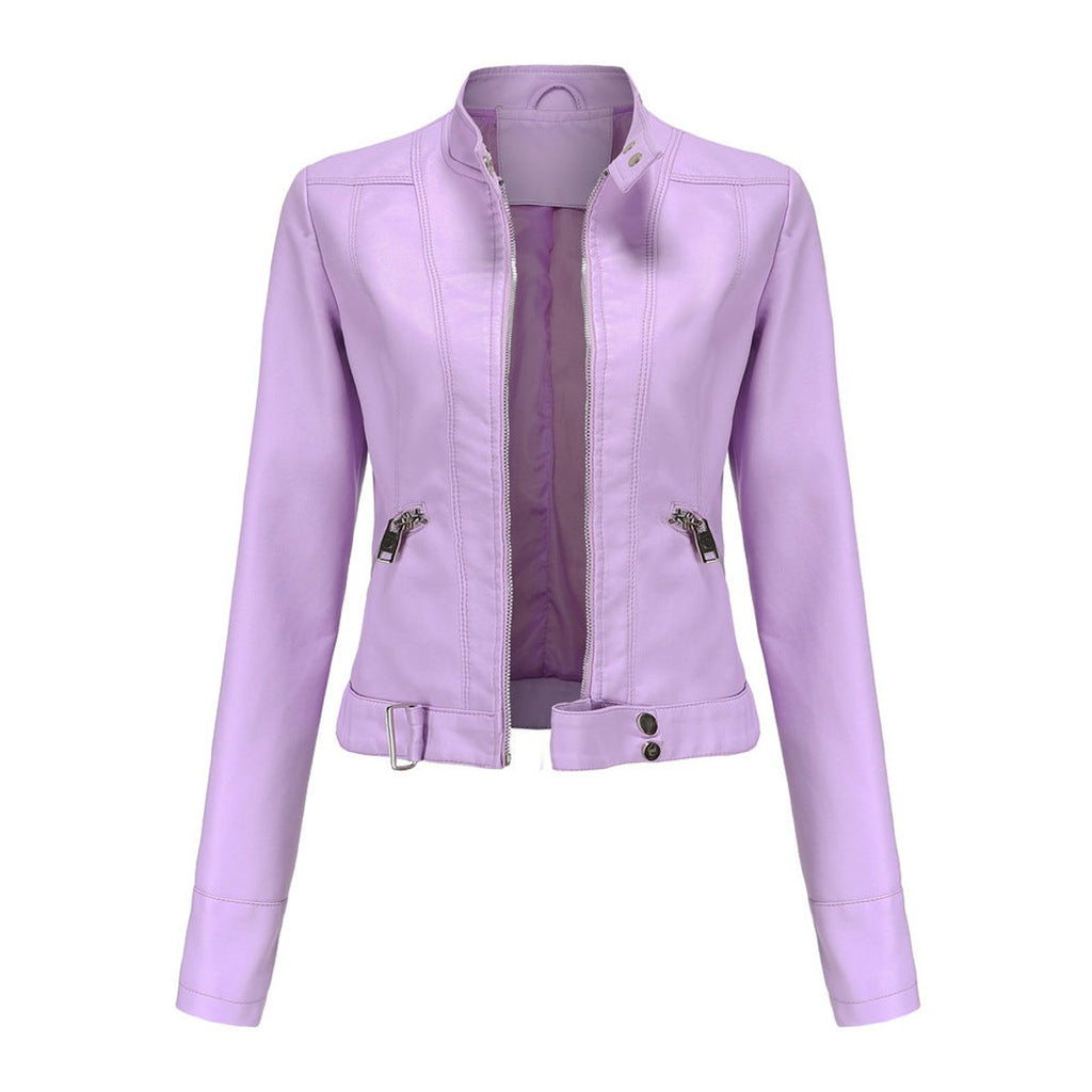 Women's Tailored Cropped Faux Leather Jacket with High Collar