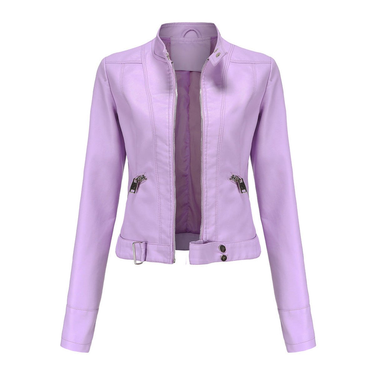 Women's Tailored Cropped Faux Leather Jacket with High Collar