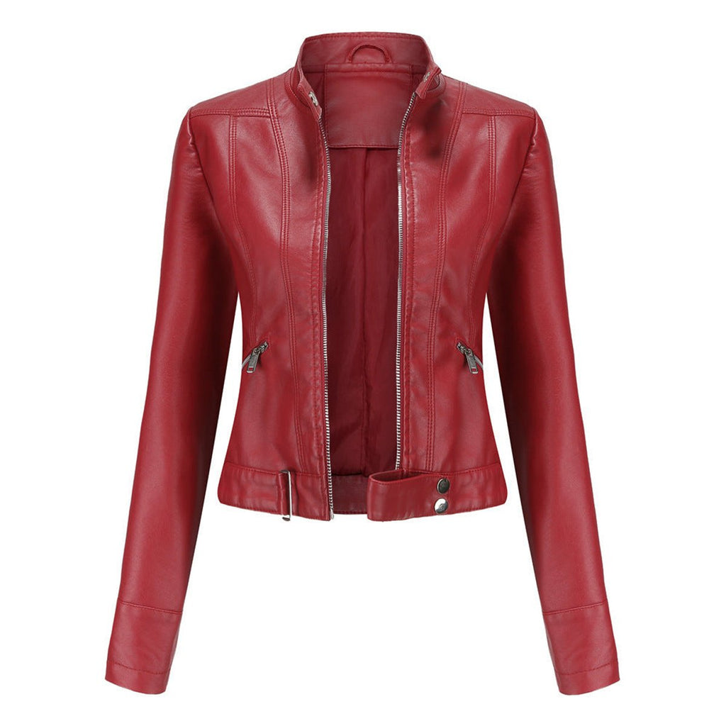 Women's Tailored Cropped Faux Leather Jacket with High Collar
