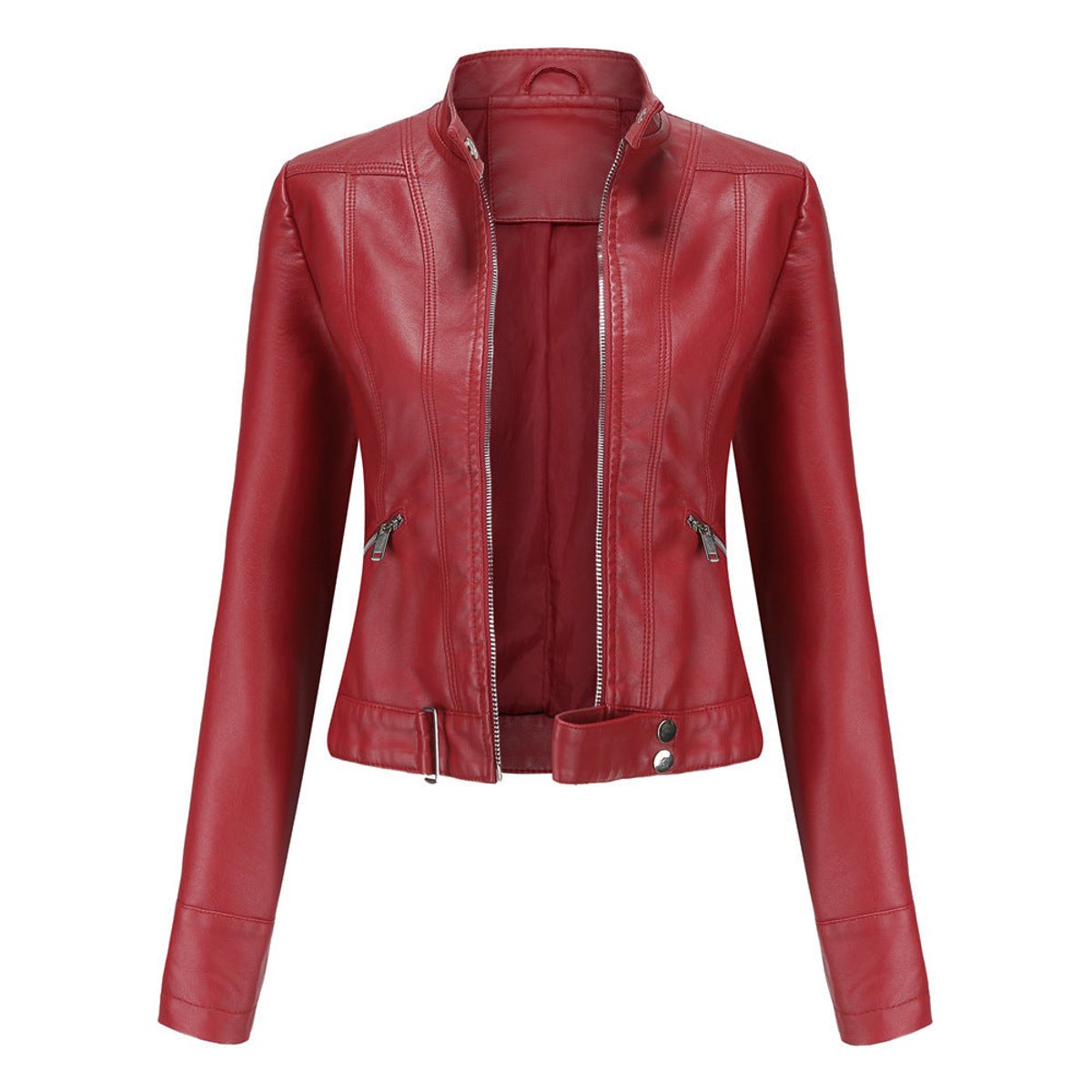 Women's Tailored Cropped Faux Leather Jacket with High Collar