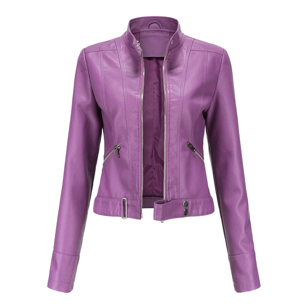 Women's Tailored Cropped Faux Leather Jacket with High Collar