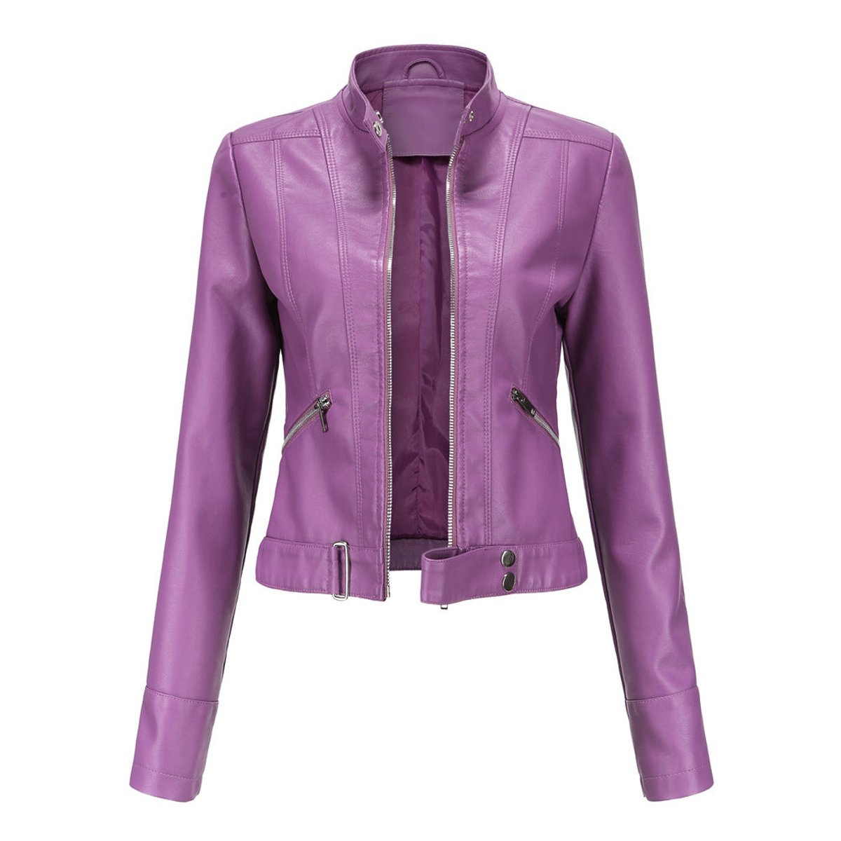 Women's Tailored Cropped Faux Leather Jacket with High Collar