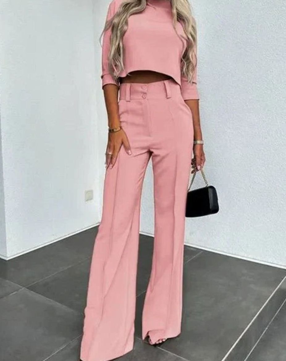 Women's Sleek Cropped Mock-Neck Office Dinner Outfit Set