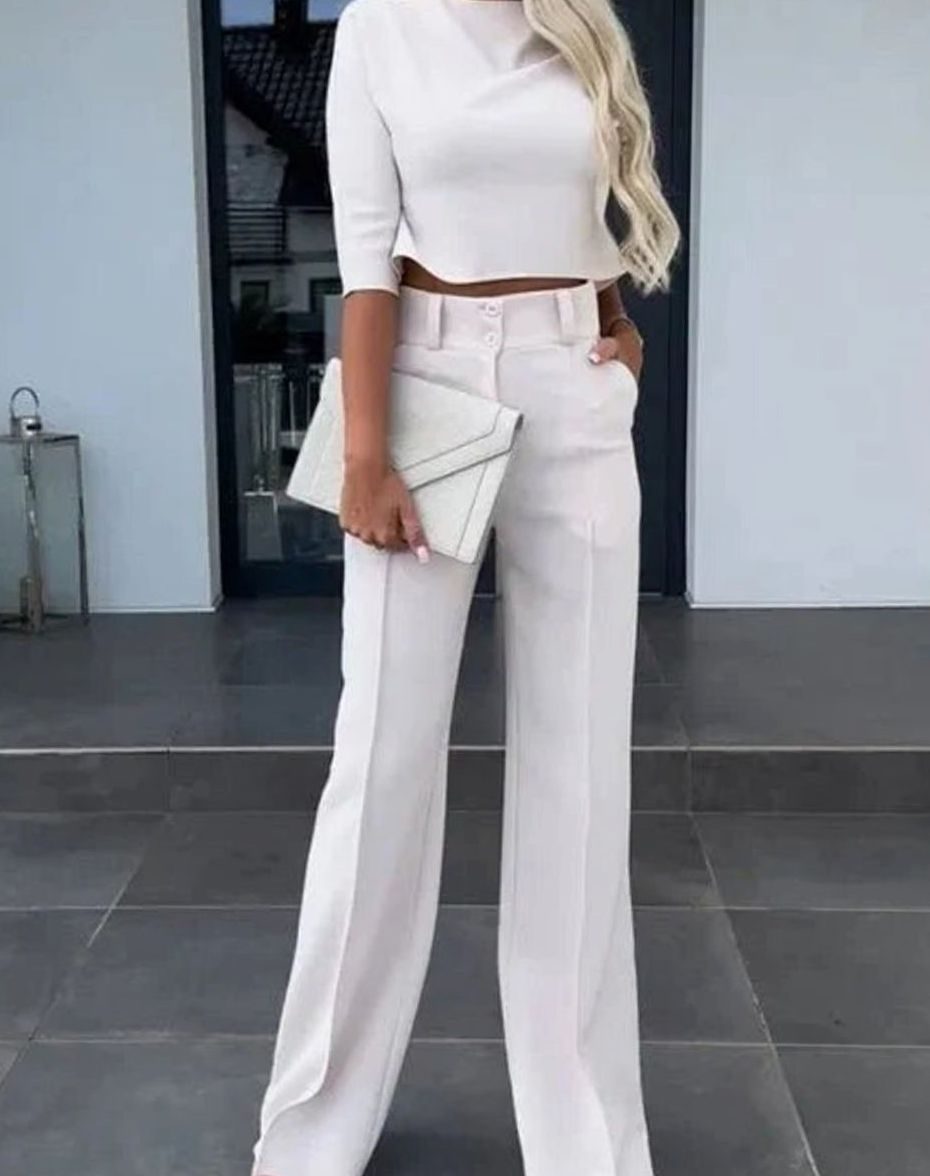 Women's Sleek Cropped Mock-Neck Office Dinner Outfit Set