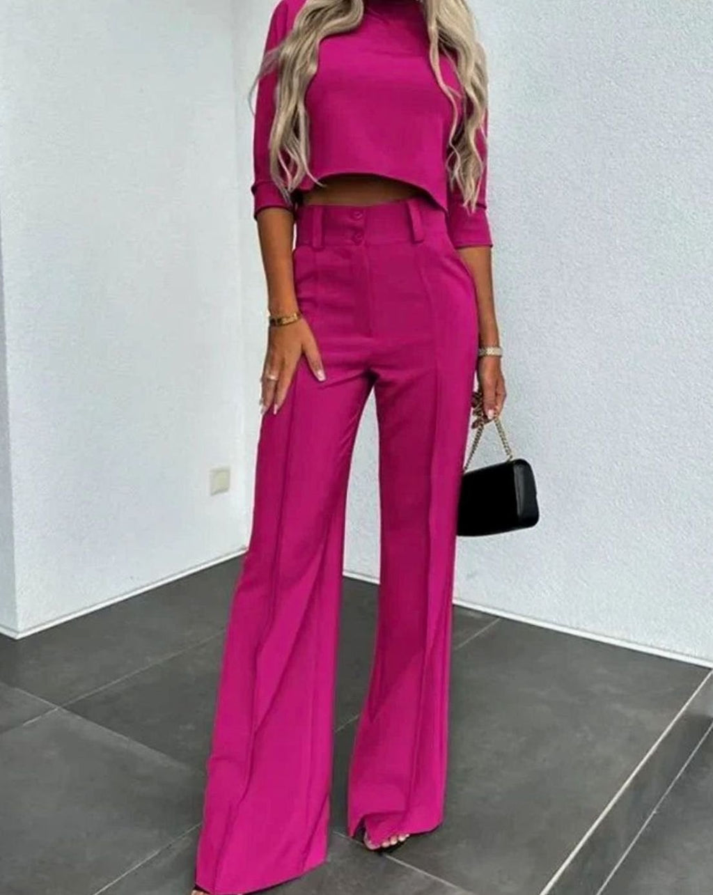 Women's Sleek Cropped Mock-Neck Office Dinner Outfit Set