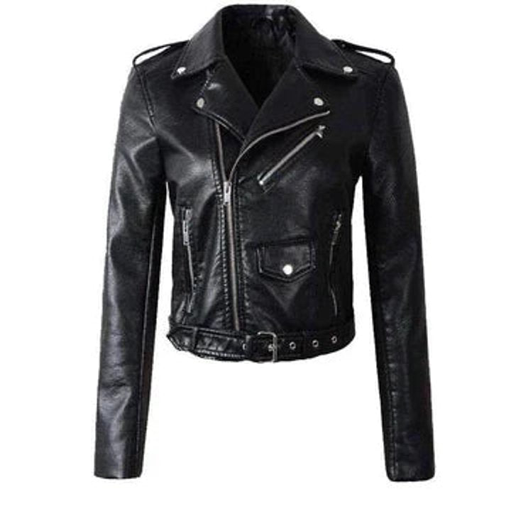 Women's Short Cinched Faux Leather Biker Coat
