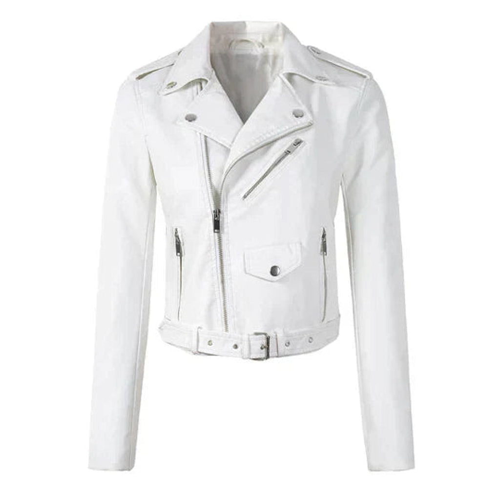 Women's Short Cinched Faux Leather Biker Coat