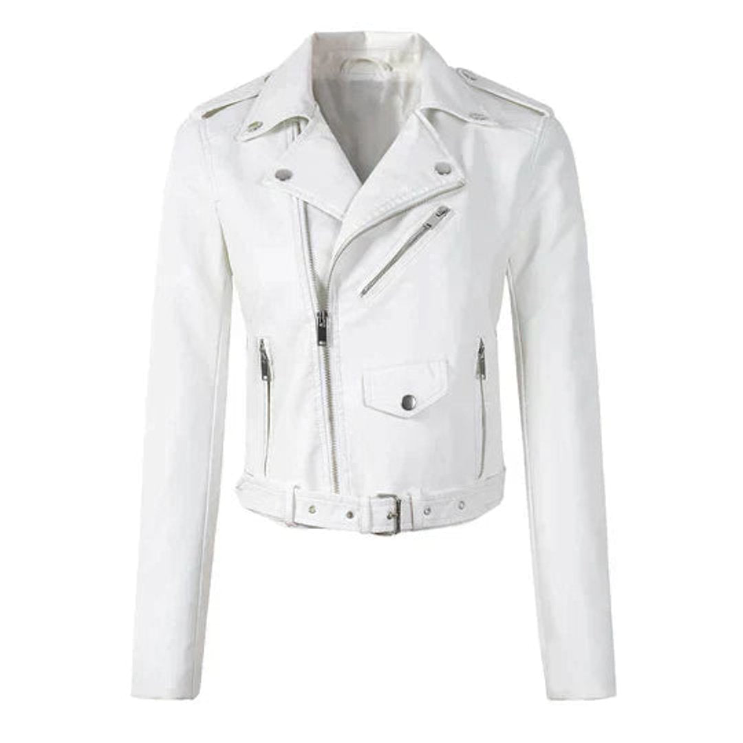 Women's Short Cinched Faux Leather Biker Coat
