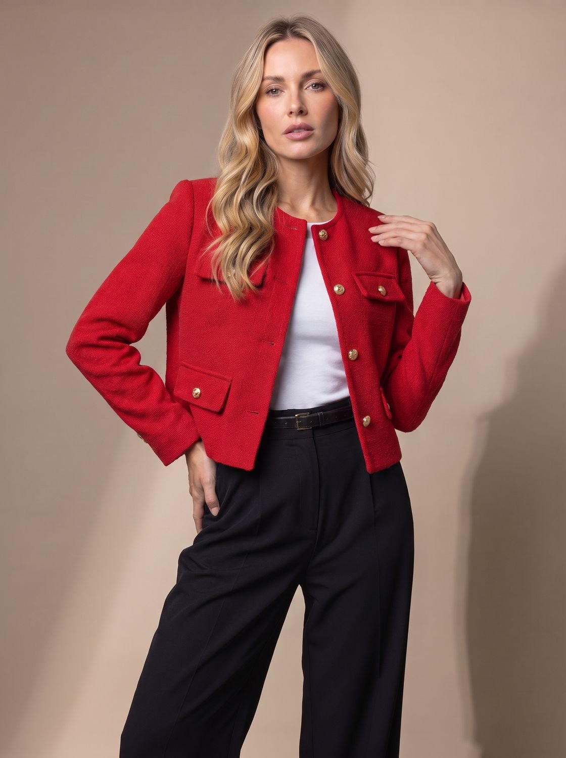 Women's Cropped Tweed Blazer with Button Detail