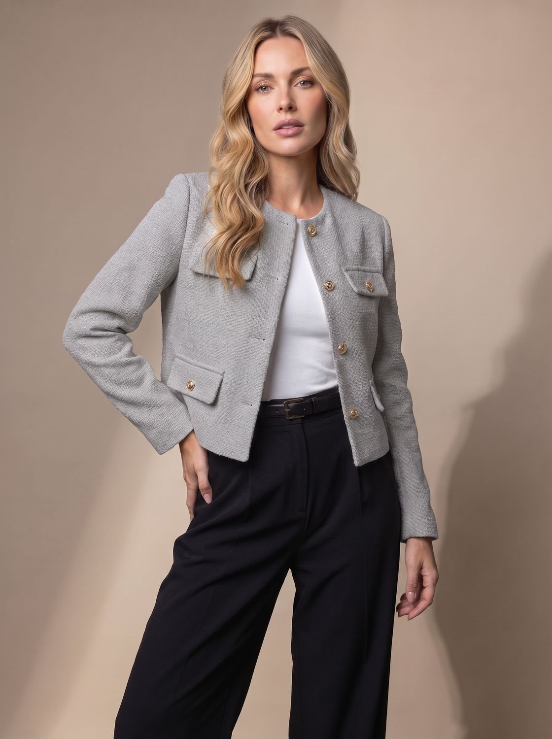 Women's Cropped Tweed Blazer with Button Detail