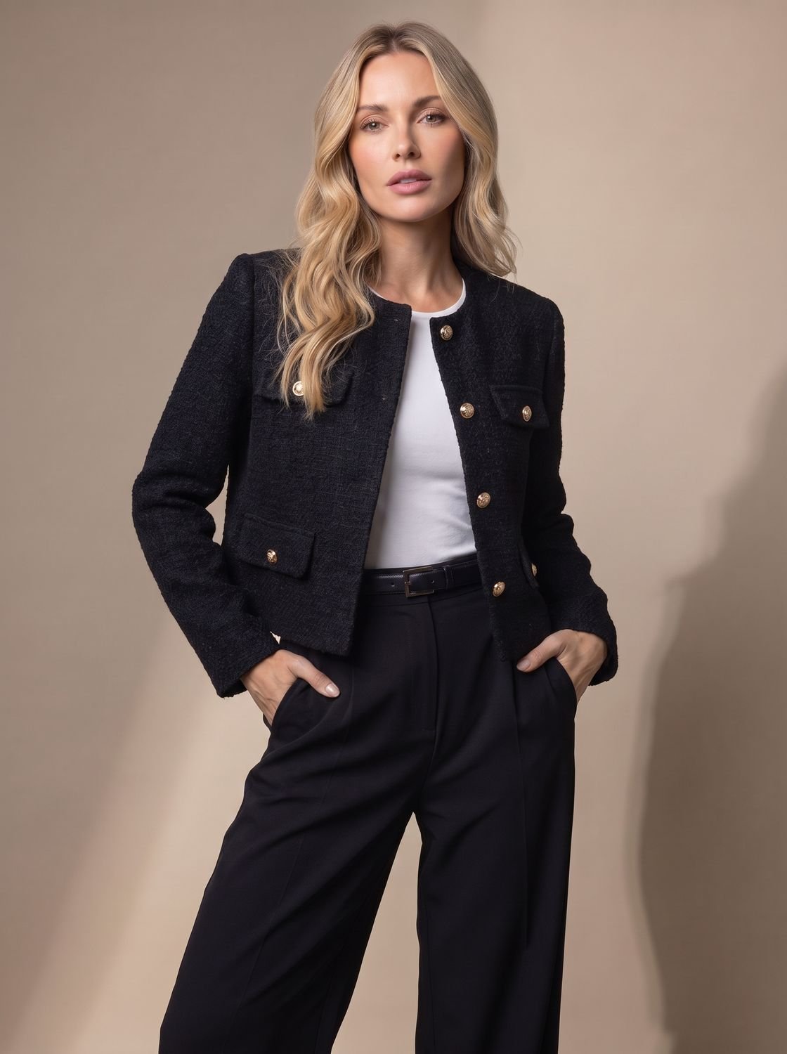 Women's Cropped Tweed Blazer with Button Detail