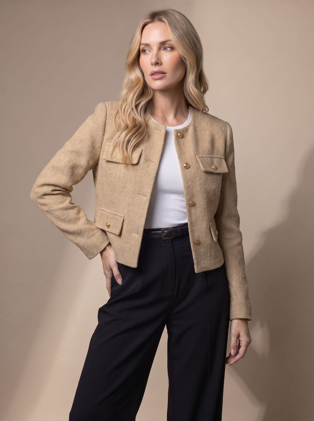 Women's Cropped Tweed Blazer with Button Detail
