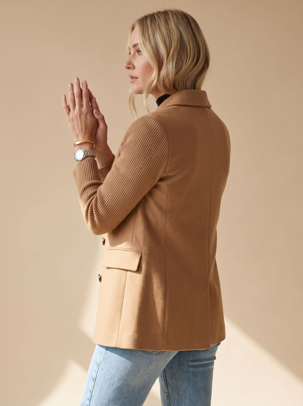 Women's Slim Fit Knit-Sleeve Double-Breasted Tailored Jacket