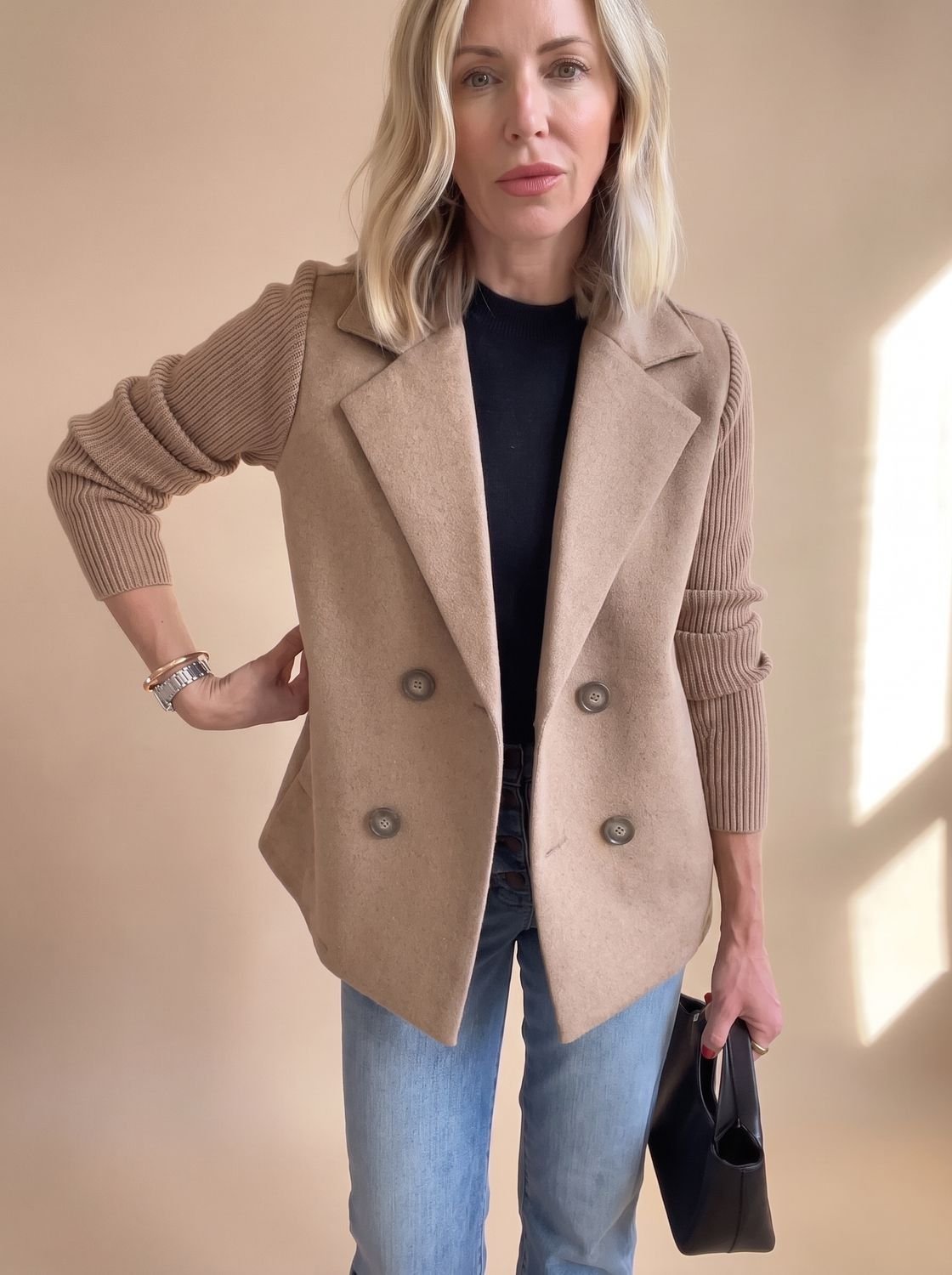 Women's Slim Fit Knit-Sleeve Double-Breasted Tailored Jacket