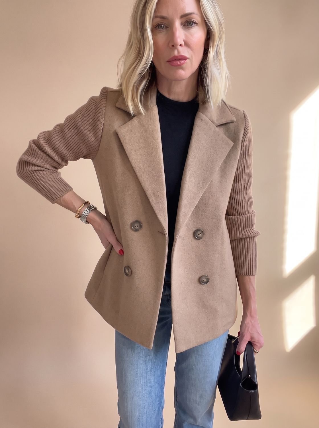 Women's Slim Fit Knit-Sleeve Double-Breasted Tailored Jacket