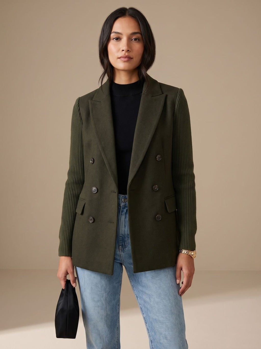 Women's Slim Fit Knit-Sleeve Double-Breasted Tailored Jacket