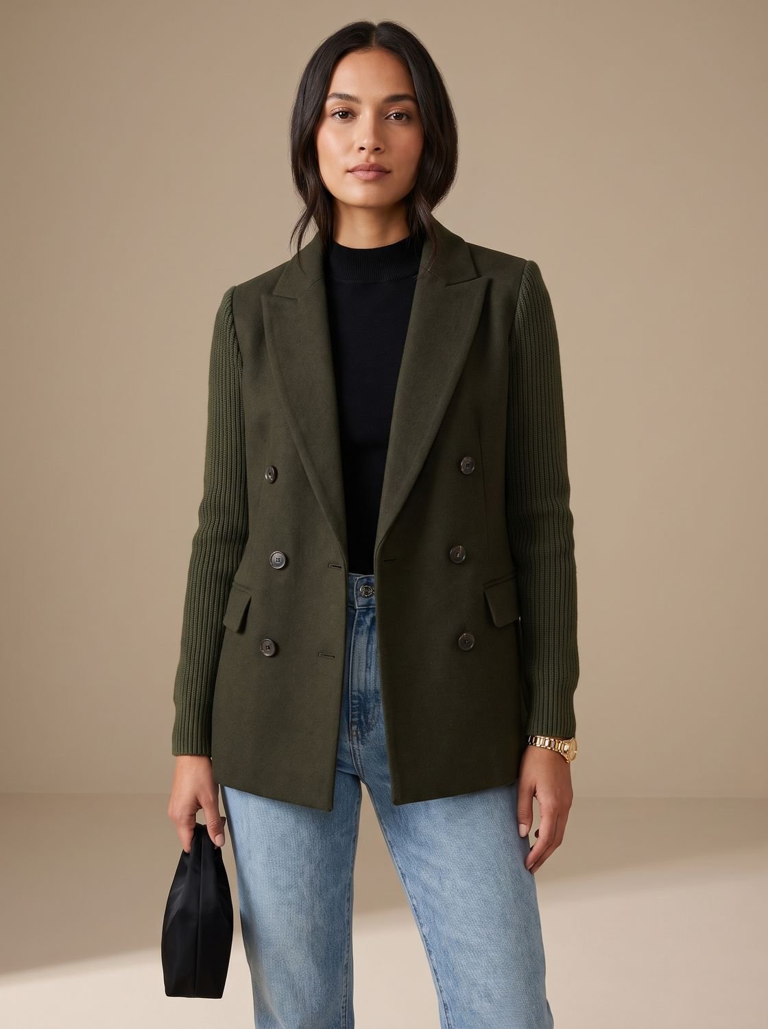 Women's Slim Fit Knit-Sleeve Double-Breasted Tailored Jacket