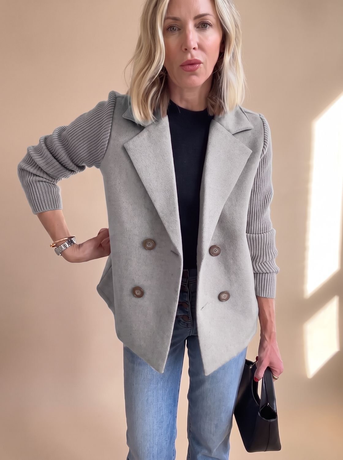 Women's Slim Fit Knit-Sleeve Double-Breasted Tailored Jacket