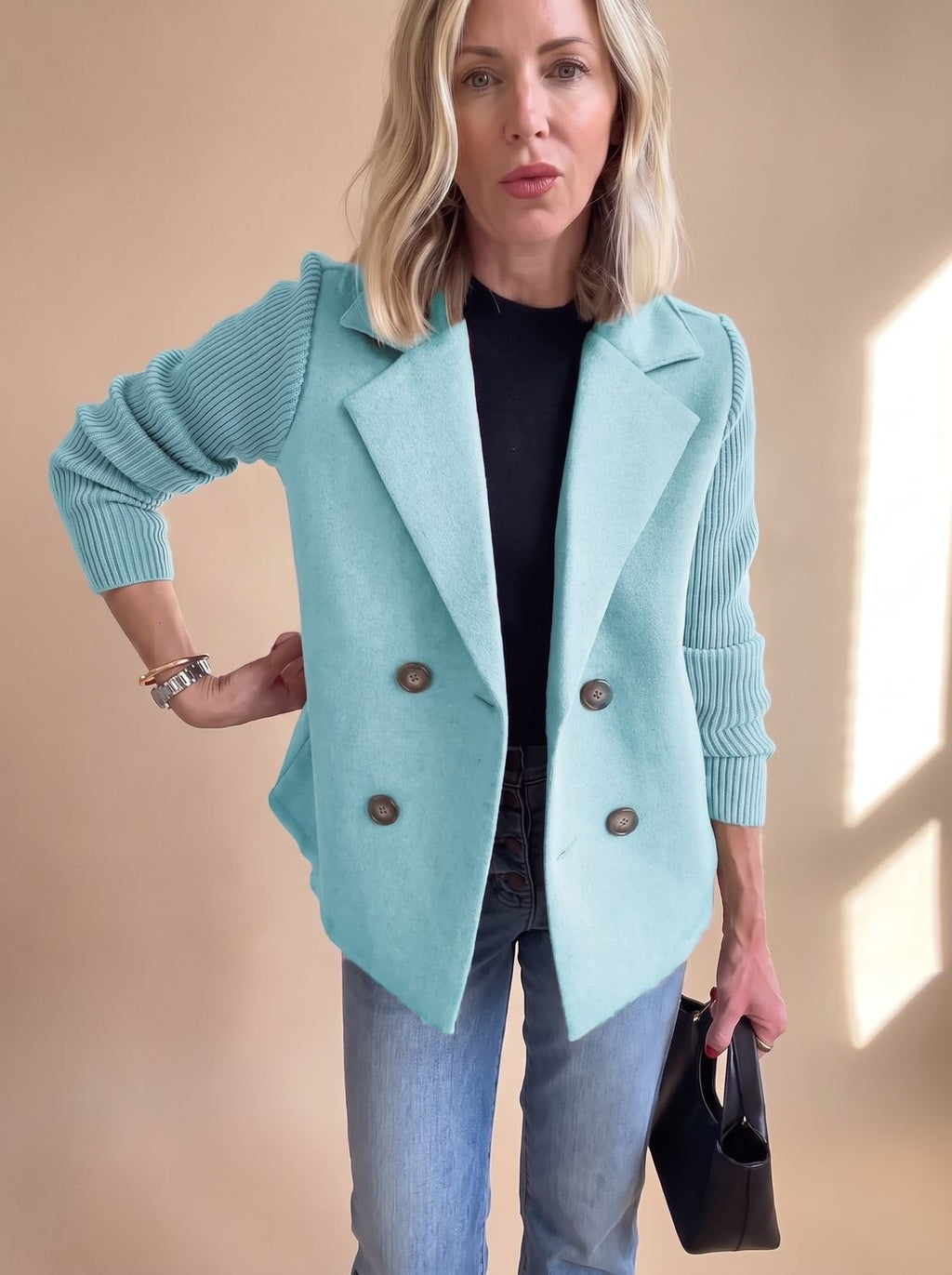 Women's Slim Fit Knit-Sleeve Double-Breasted Tailored Jacket