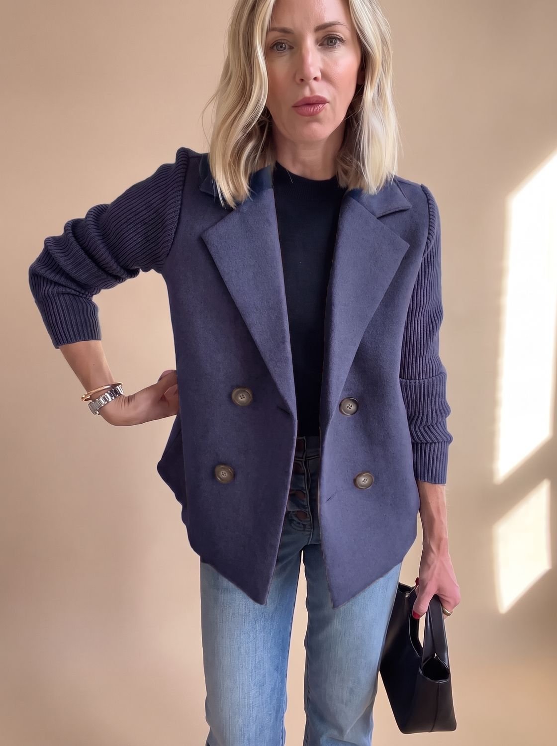 Women's Slim Fit Knit-Sleeve Double-Breasted Tailored Jacket