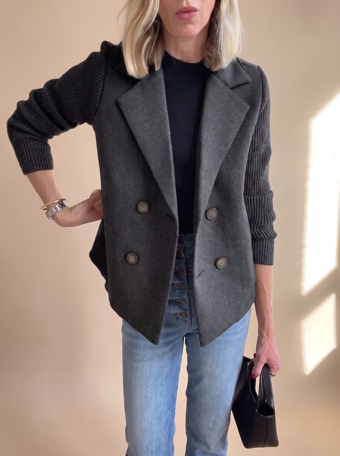 Women's Slim Fit Knit-Sleeve Double-Breasted Tailored Jacket