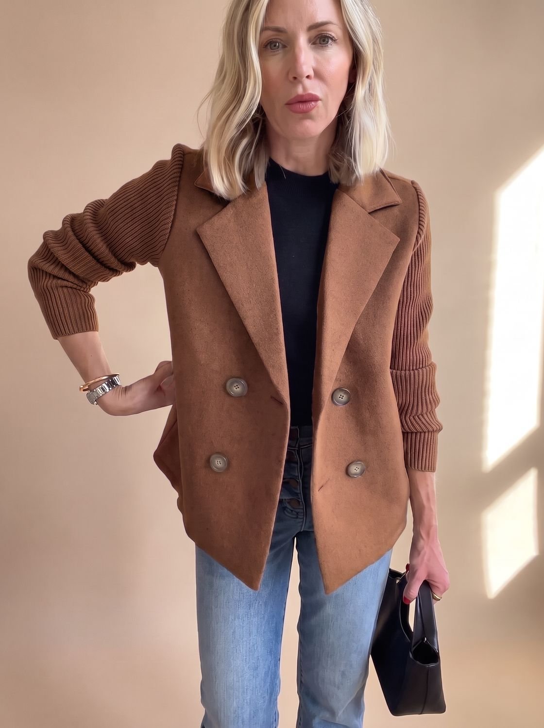 Women's Slim Fit Knit-Sleeve Double-Breasted Tailored Jacket