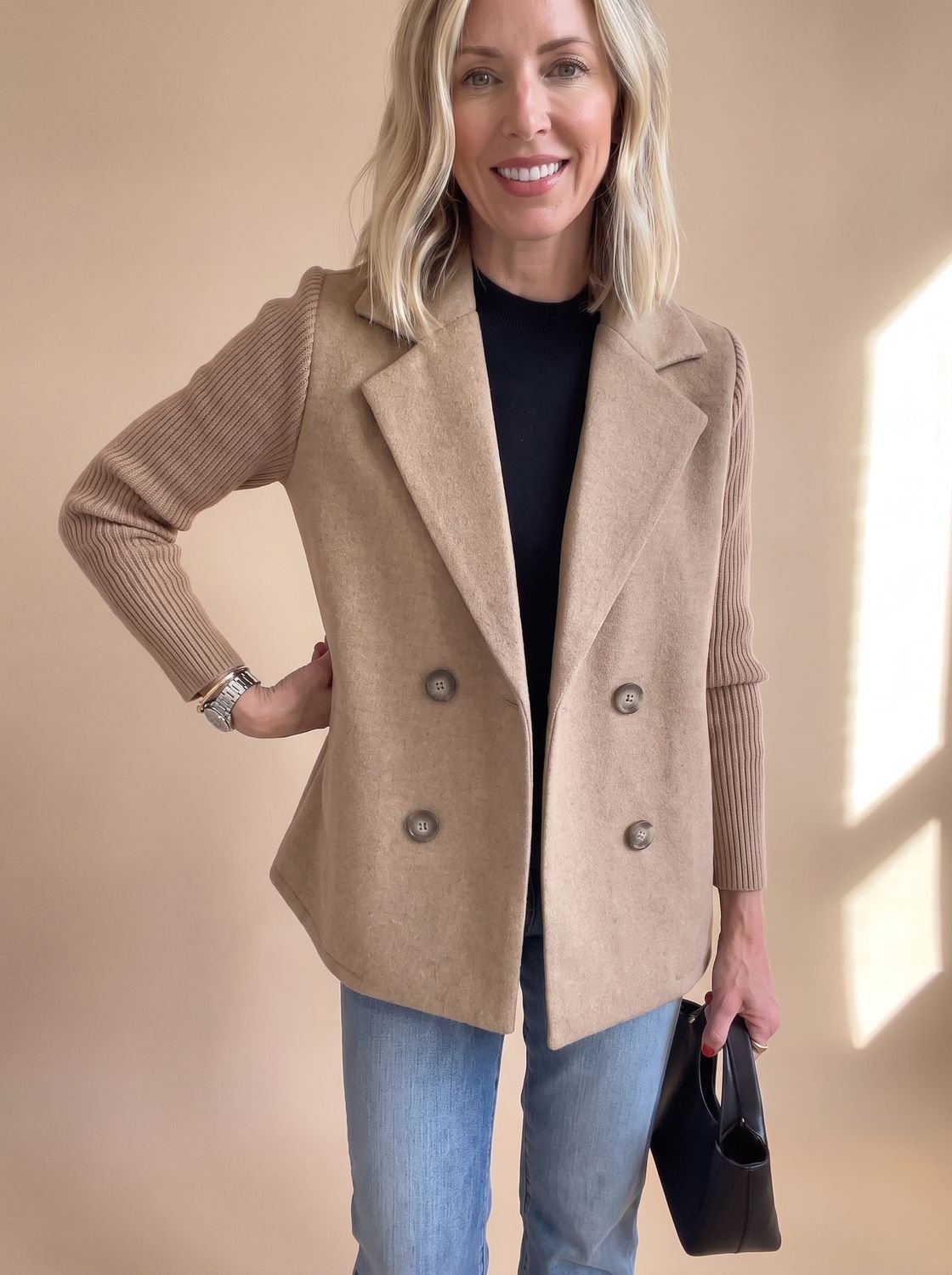 Women's Slim Fit Knit-Sleeve Double-Breasted Tailored Jacket