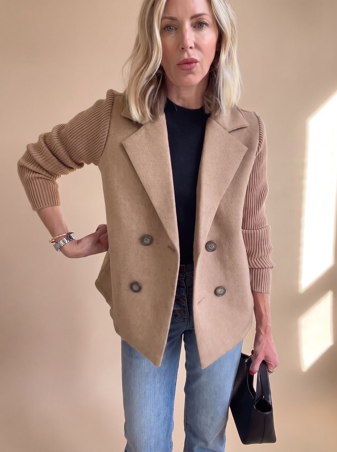 Women's Slim Fit Knit-Sleeve Double-Breasted Tailored Jacket