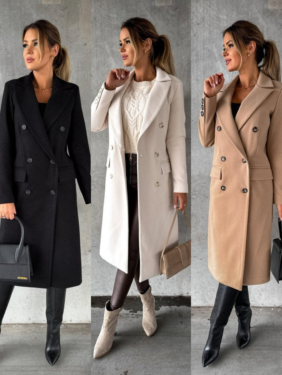 Women's Long Sleeve Midi Double Breasted Overcoat