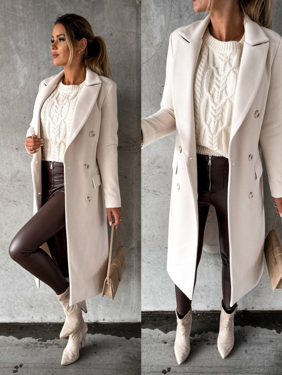 Women's Long Sleeve Midi Double Breasted Overcoat