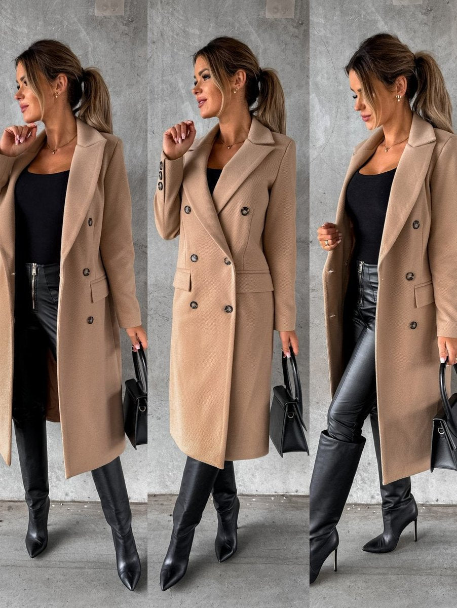 Women's Long Sleeve Midi Double Breasted Overcoat