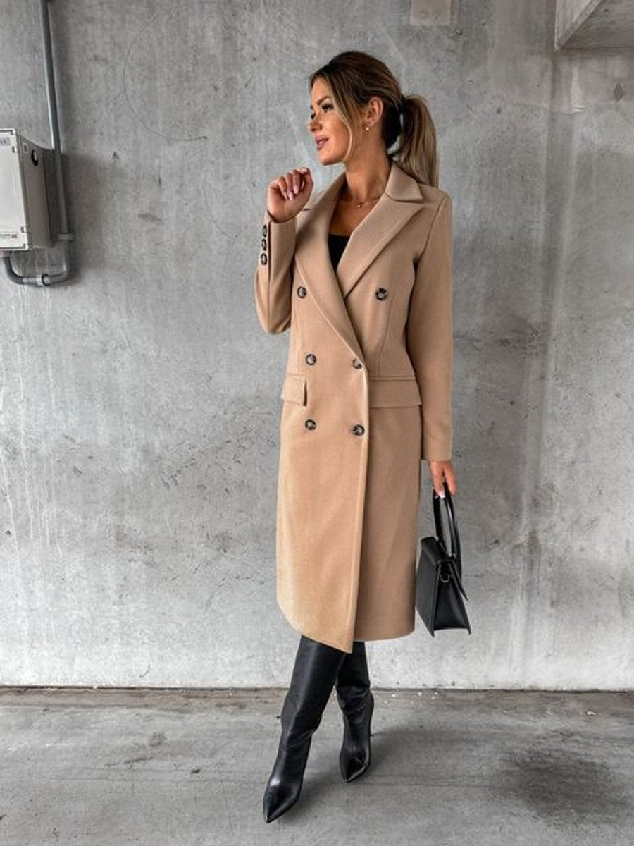 Women's Long Sleeve Midi Double Breasted Overcoat