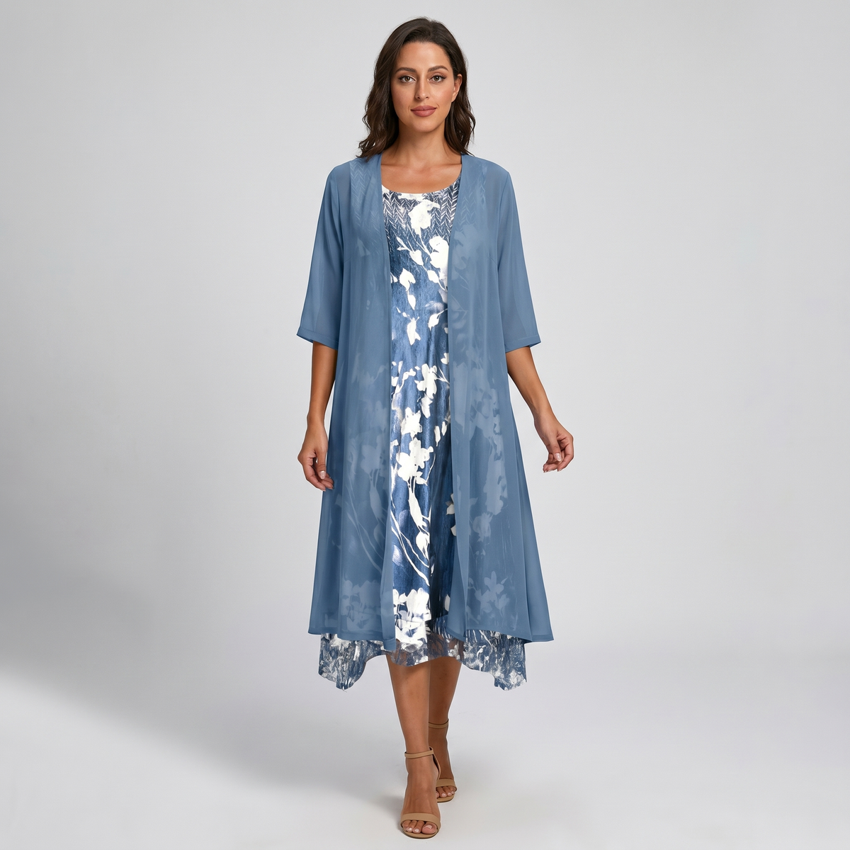 Women's Brunch Ready Floral Midi Dress with Cardigan Layer
