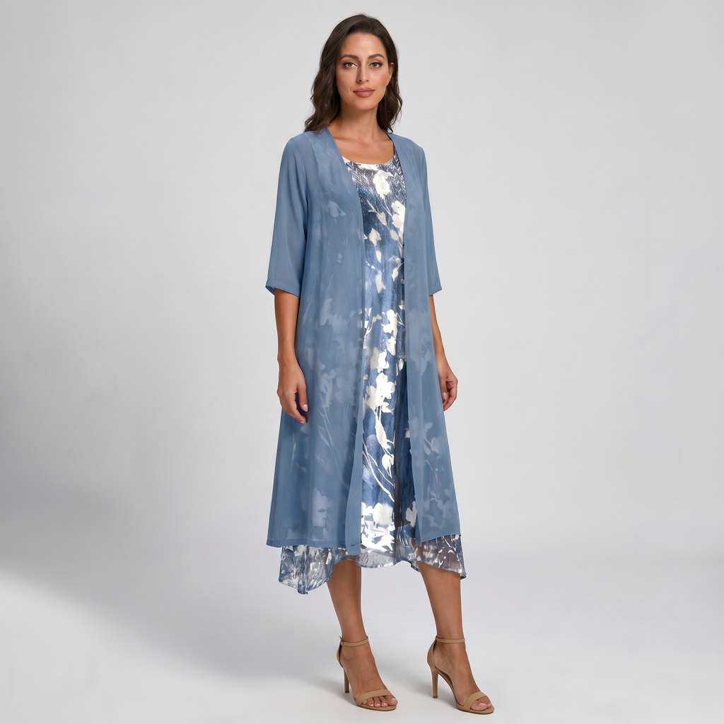 Women's Brunch Ready Floral Midi Dress with Cardigan Layer