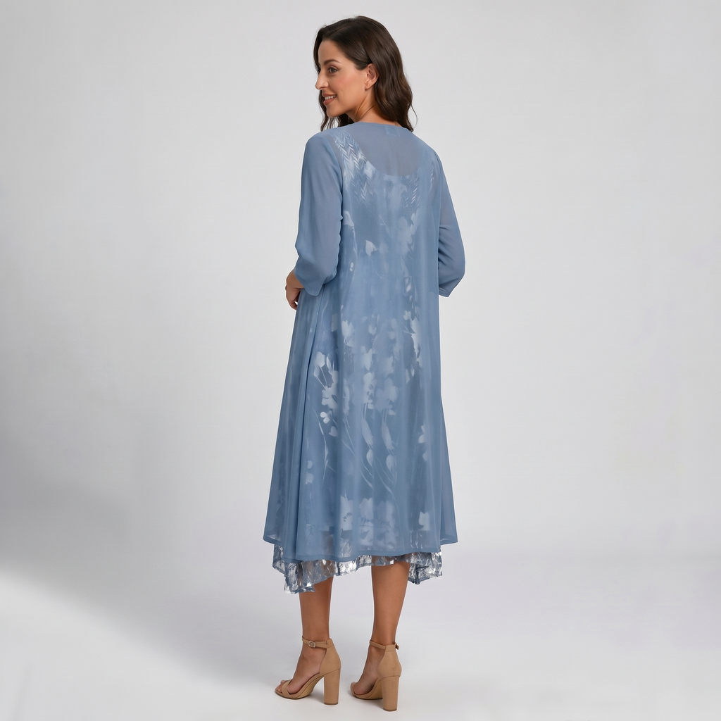 Women's Brunch Ready Floral Midi Dress with Cardigan Layer
