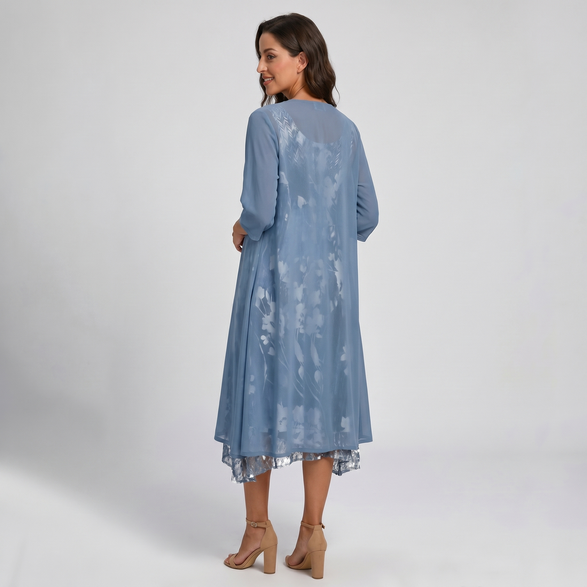 Women's Brunch Ready Floral Midi Dress with Cardigan Layer